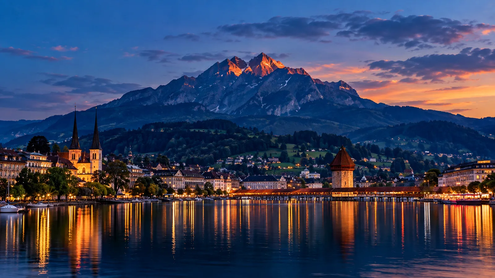Der Pilatus, der sich bei Dämmerung über Luzern und den See erhebt