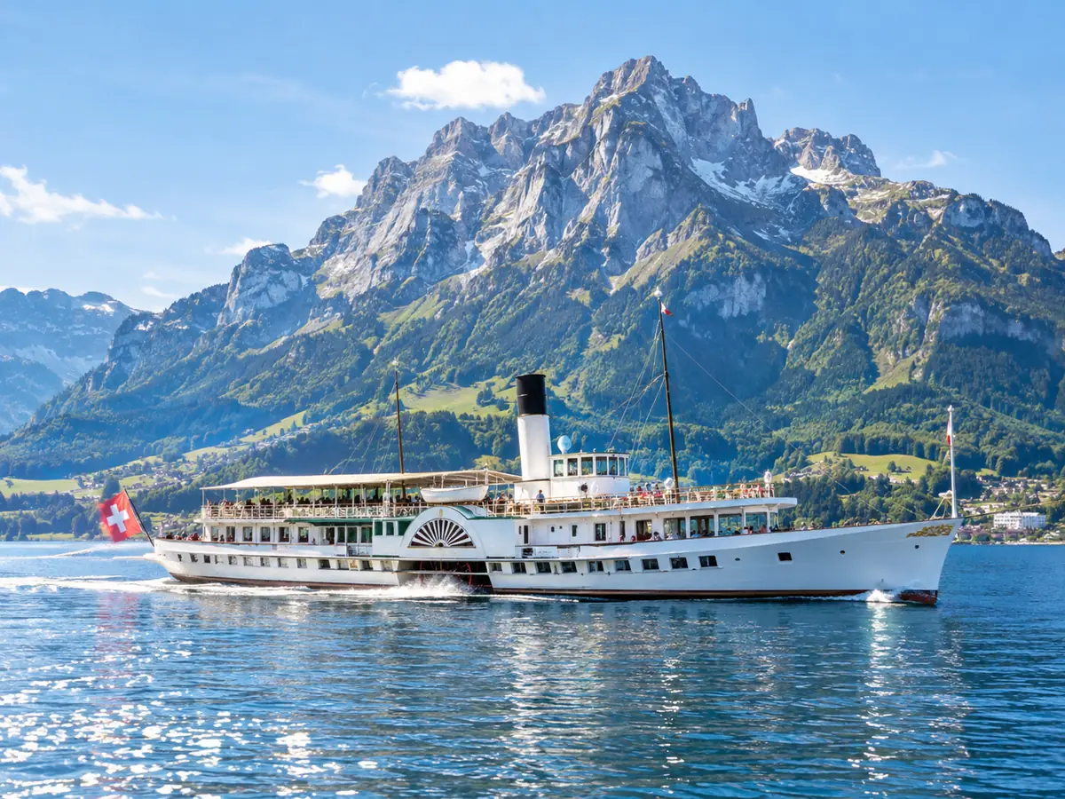 Lake steamer crossing Lake Lucerne toward Mount Pilatus