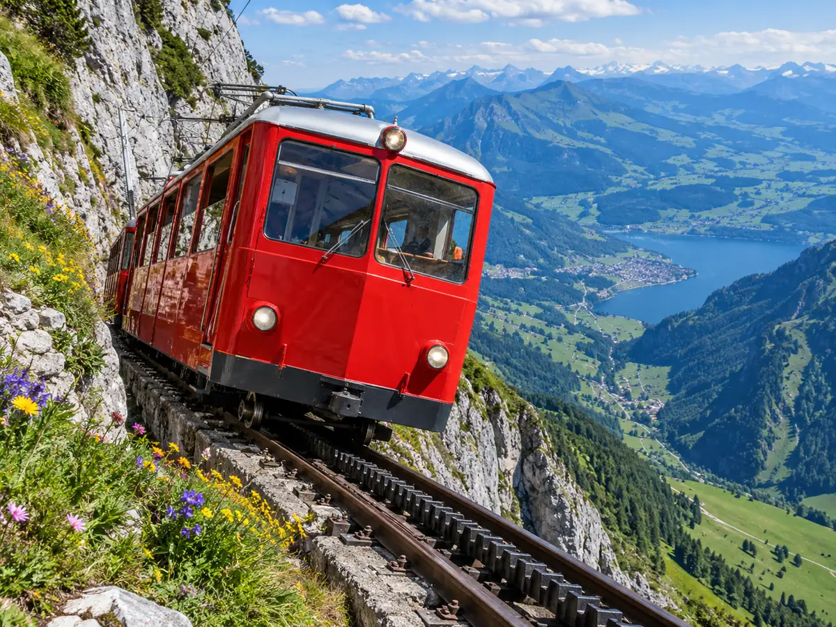 Red cogwheel railway car climbing the steep Pilatus track