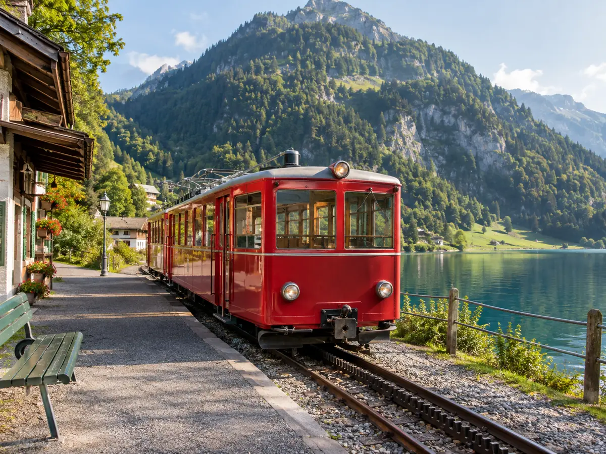 Zahnradbahn-Wagen auf der steilen Zahnstangenstrecke oberhalb von Alpnachstad