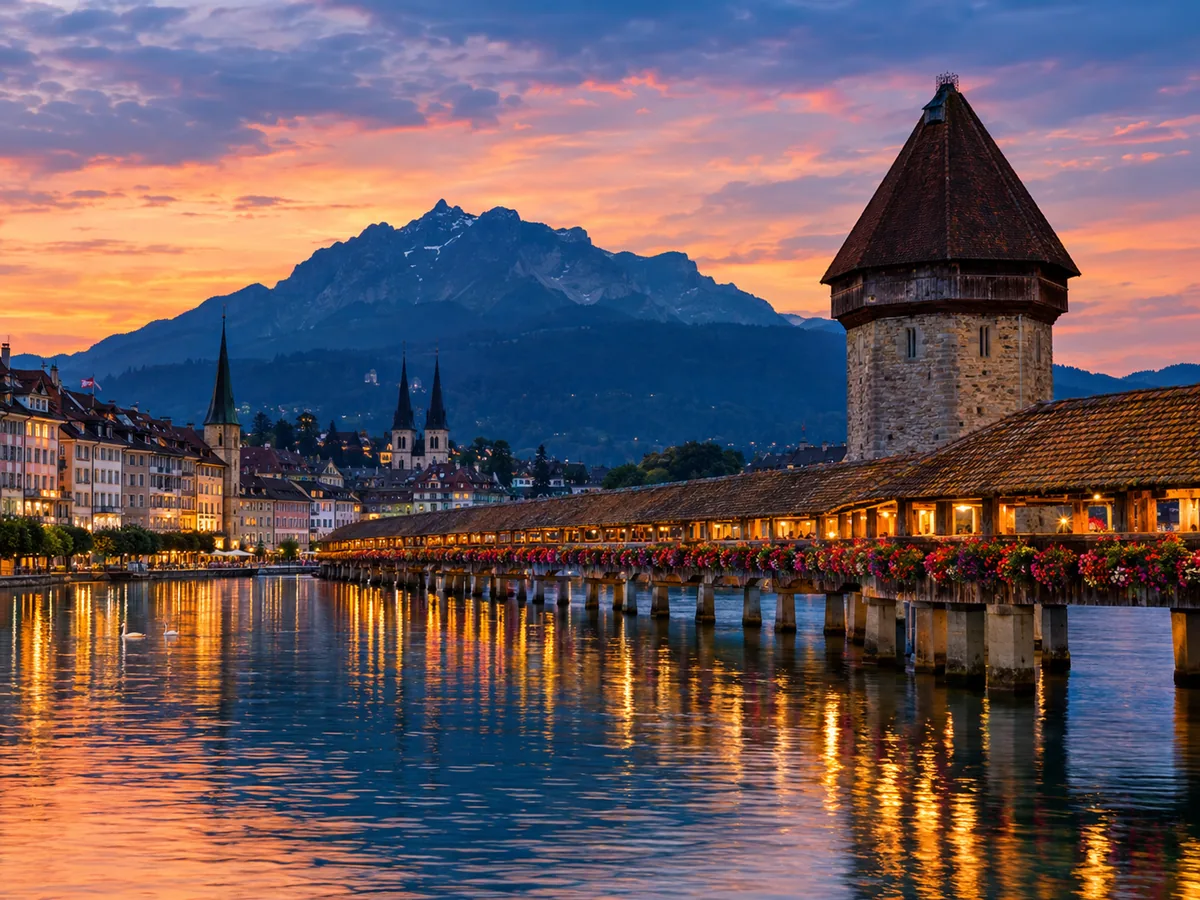 The Chapel Bridge in Lucerne with Mount Pilatus rising behind