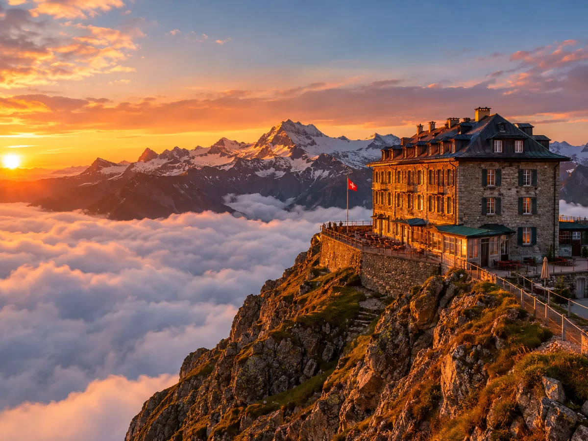 Hotel Pilatus-Kulm above a sea of clouds at sunset