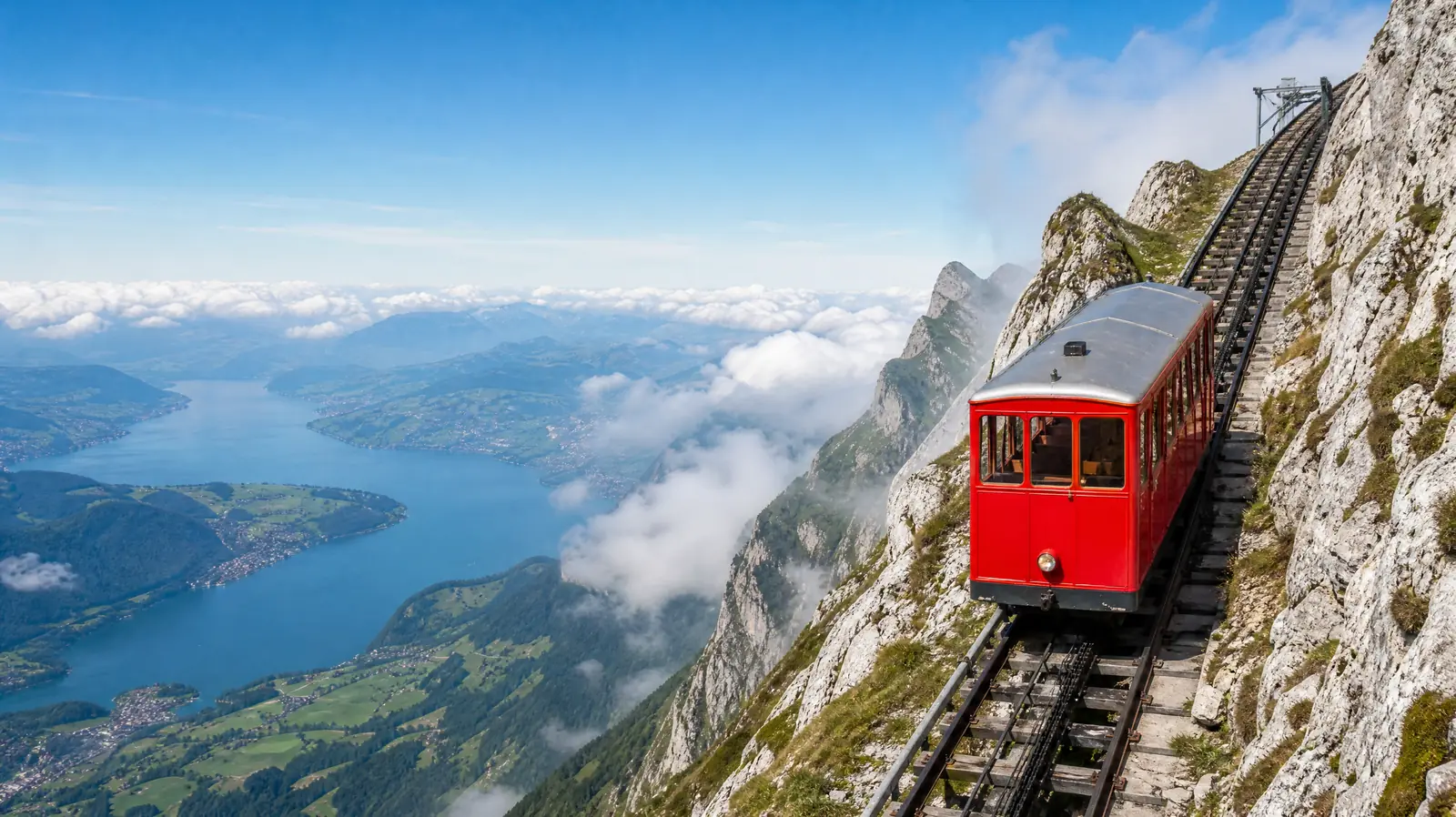 Rote Zahnradbahn, die den Pilatus hoch über dem Vierwaldstättersee hinauffährt